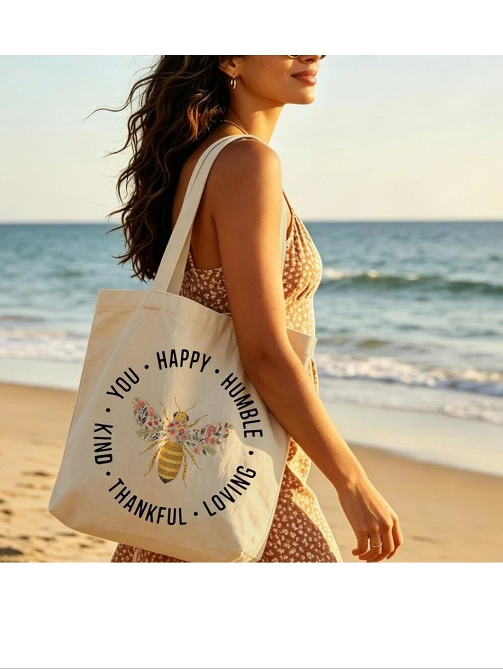 Everyday Canvas Tote Bag with Floral Bee Print - Natural